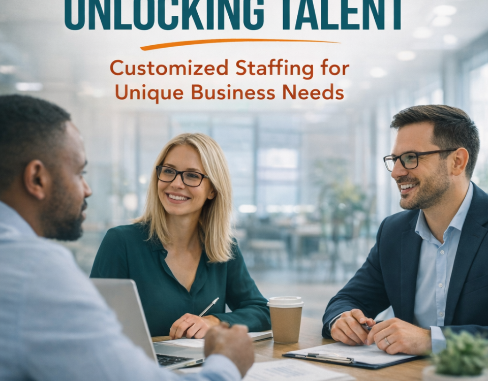 Professional team meeting in a modern office representing customized staffing solutions for businesses in Southeast Michigan