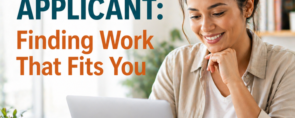 Job seeker smiling while using a laptop at home representing finding the right job fit and personalized employment opportunities