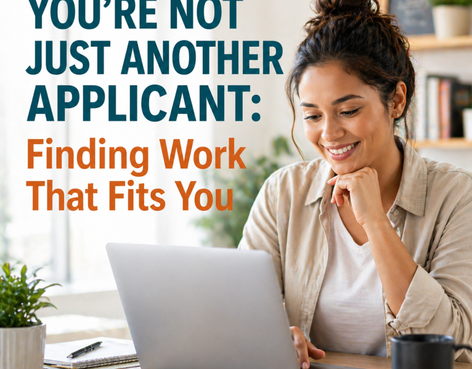 Job seeker smiling while using a laptop at home representing finding the right job fit and personalized employment opportunities