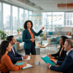 An HR leader outlining employee benefits and career growth paths on a glass whiteboard to an engaged team in a modern office.