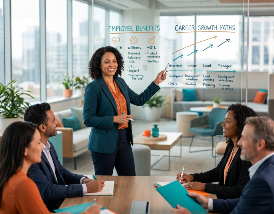 An HR leader outlining employee benefits and career growth paths on a glass whiteboard to an engaged team in a modern office.