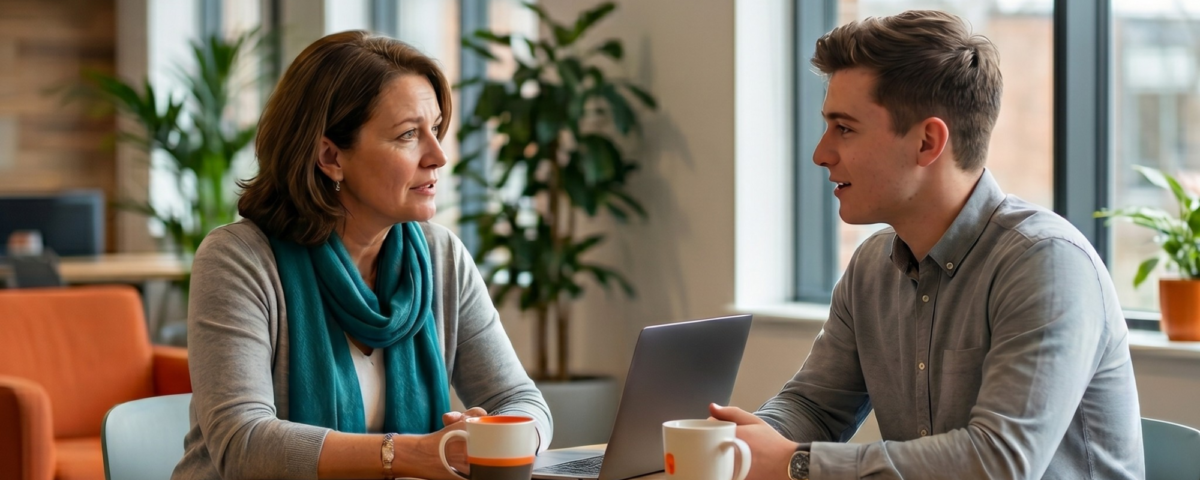 A professional woman and man sit in a modern lounge area, engaged in a serious but supportive conversation over coffee. The image features the text: "COMBATTING THE SILENT QUITTER: STRATEGIES TO SPOT & REVERSE BURNOUT", and a "READY TO SUPPORT YOUR TEAM? CONTACT US." button.