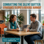 A professional woman and man sit in a modern lounge area, engaged in a serious but supportive conversation over coffee. The image features the text: "COMBATTING THE SILENT QUITTER: STRATEGIES TO SPOT & REVERSE BURNOUT", and a "READY TO SUPPORT YOUR TEAM? CONTACT US." button.