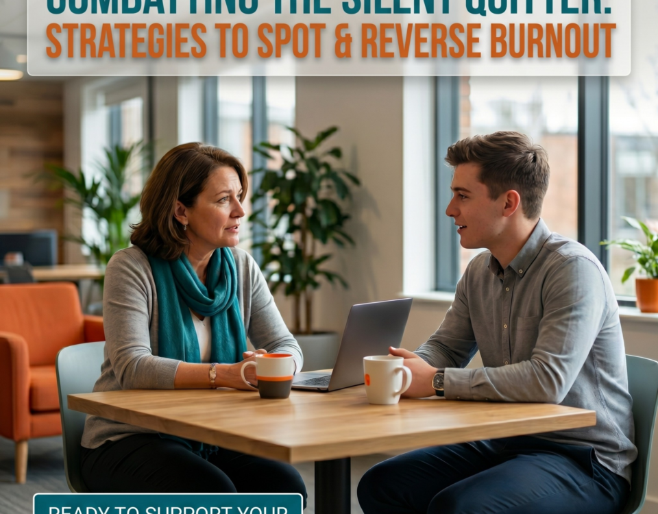 A professional woman and man sit in a modern lounge area, engaged in a serious but supportive conversation over coffee. The image features the text: "COMBATTING THE SILENT QUITTER: STRATEGIES TO SPOT & REVERSE BURNOUT", and a "READY TO SUPPORT YOUR TEAM? CONTACT US." button.
