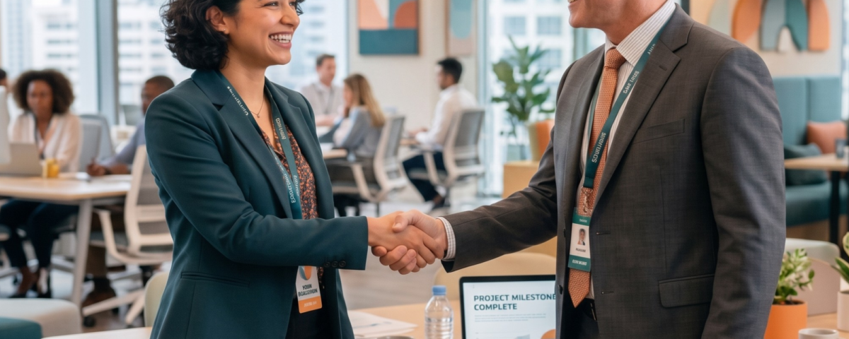 Two professionals, a woman and a man in business attire, smile and shake hands in a bright, modern open-office setting. The image includes the text: "TEST-DRIVE YOUR CAREER," "A strategic, low-risk way to explore career options and bridge resume," and "LET’S GET STARTED."