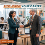 Two professionals, a woman and a man in business attire, smile and shake hands in a bright, modern open-office setting. The image includes the text: "TEST-DRIVE YOUR CAREER," "A strategic, low-risk way to explore career options and bridge resume," and "LET’S GET STARTED."