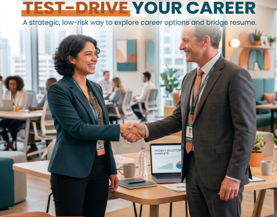 Two professionals, a woman and a man in business attire, smile and shake hands in a bright, modern open-office setting. The image includes the text: "TEST-DRIVE YOUR CAREER," "A strategic, low-risk way to explore career options and bridge resume," and "LET’S GET STARTED."