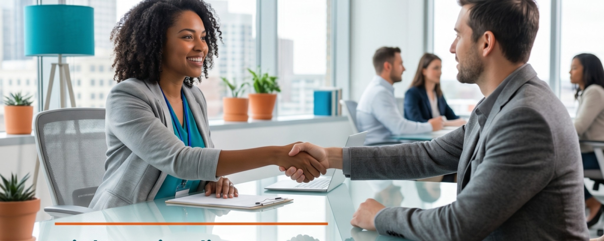A smiling professional woman and a man in a grey suit shake hands across a glass desk in a bright, modern office. The image includes the text: "GHOST-PROOF YOUR HIRING PROCESS," "READY TO KEEP TALENT ENGAGED?", "Tighten timelines, improve communication, and create an engaging experience," and a "CONTACT US TODAY" button.