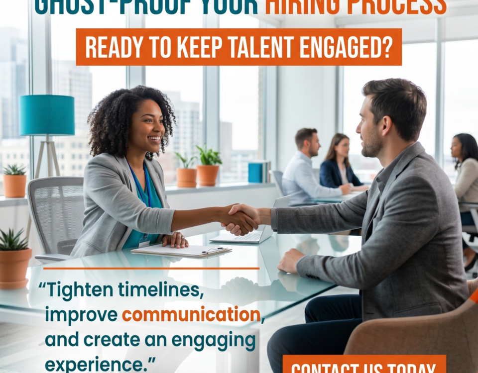 A smiling professional woman and a man in a grey suit shake hands across a glass desk in a bright, modern office. The image includes the text: "GHOST-PROOF YOUR HIRING PROCESS," "READY TO KEEP TALENT ENGAGED?", "Tighten timelines, improve communication, and create an engaging experience," and a "CONTACT US TODAY" button.
