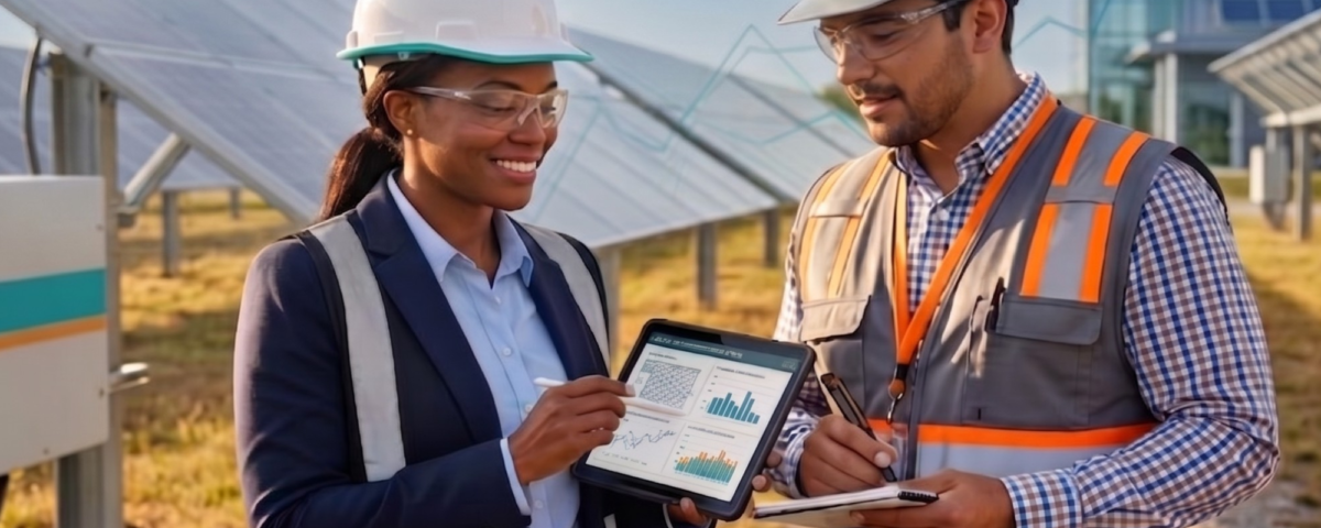 Two energy sector professionals, a woman in a blazer and a man in a safety vest—both wearing hard hats—stand in a solar farm while reviewing data on a tablet. The image features the text: "MICHIGAN’S GREEN COLLAR BOOM" and "READY TO PIVOT? LET’S GET STARTED."