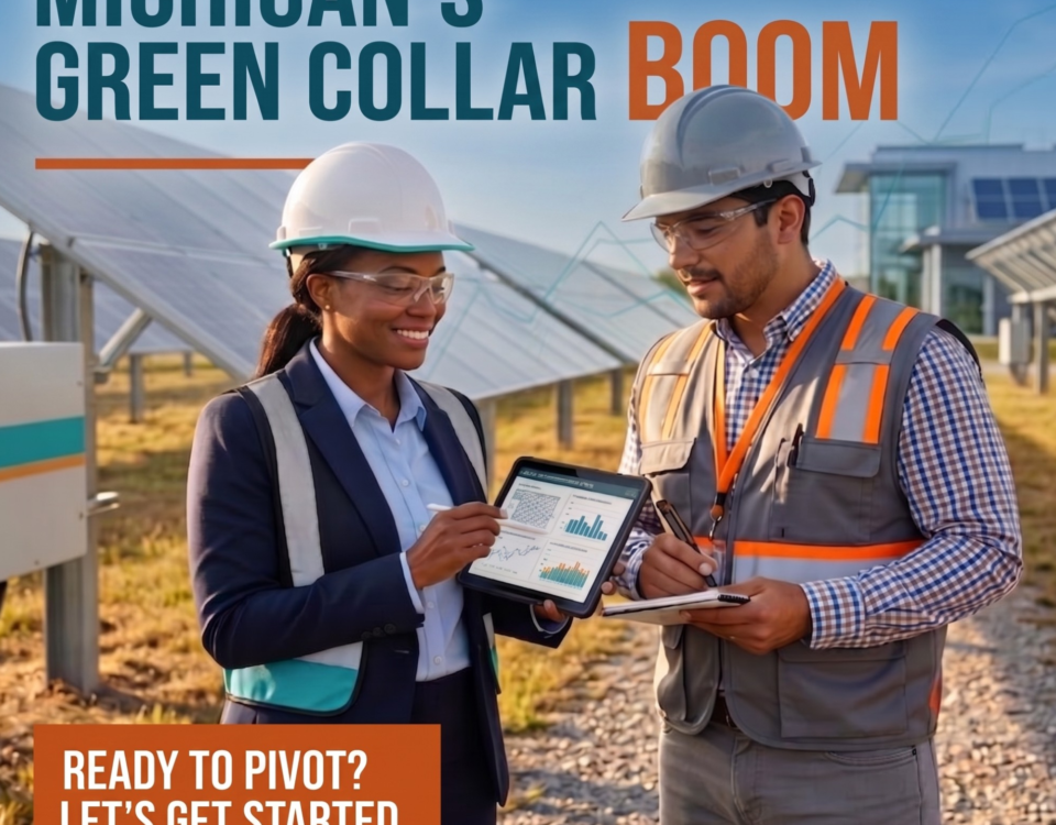 Two energy sector professionals, a woman in a blazer and a man in a safety vest—both wearing hard hats—stand in a solar farm while reviewing data on a tablet. The image features the text: "MICHIGAN’S GREEN COLLAR BOOM" and "READY TO PIVOT? LET’S GET STARTED."