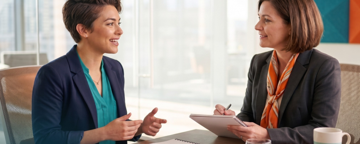 Two women in professional attire sit across from each other at a wooden conference table in a modern office, engaged in a positive conversation during an interview or meeting. The image features the text: "HIRE FOR ADAPTABILITY," "ADAPT OR BE OBSOLETE," and "LET’S GET STARTED."