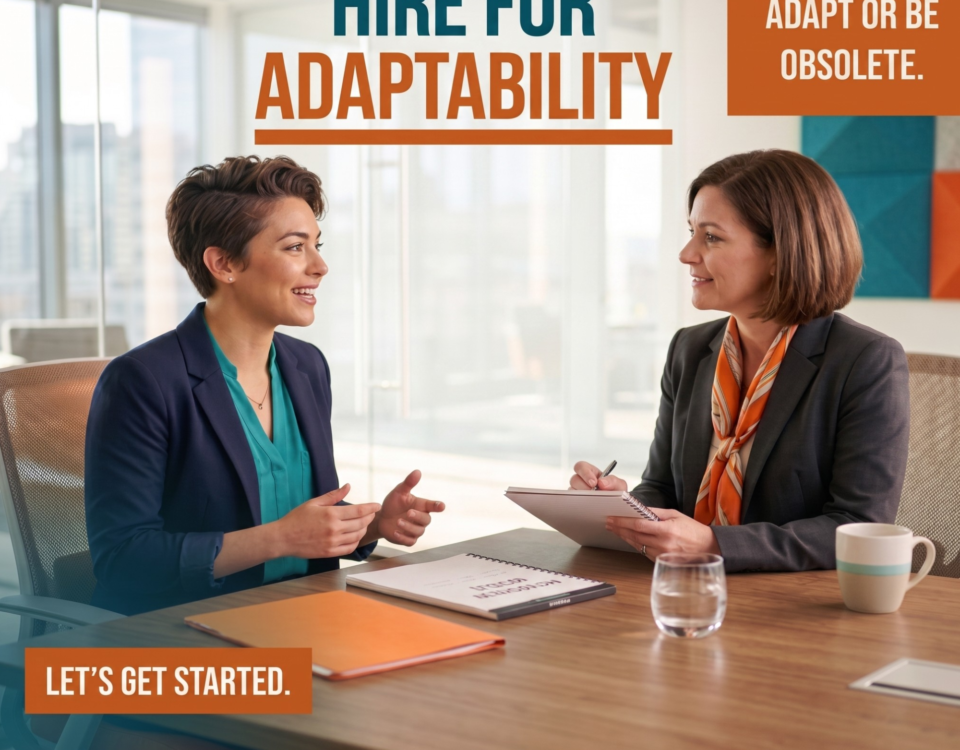 Two women in professional attire sit across from each other at a wooden conference table in a modern office, engaged in a positive conversation during an interview or meeting. The image features the text: "HIRE FOR ADAPTABILITY," "ADAPT OR BE OBSOLETE," and "LET’S GET STARTED."