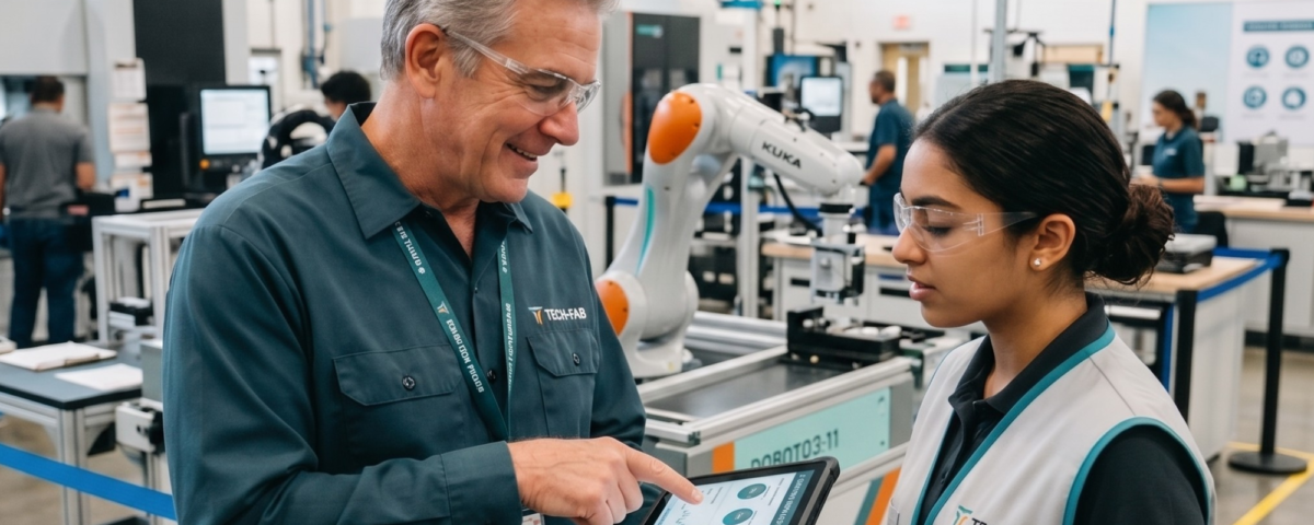 An older, experienced male worker and a younger female worker in safety gear stand in a modern manufacturing facility, with the older worker pointing at data on a tablet to mentor the younger colleague. The image features the text: "BRIDGE THE KNOWLEDGE GAP. Strategies for Michigan’s retiring workforce."