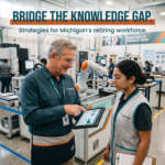 An older, experienced male worker and a younger female worker in safety gear stand in a modern manufacturing facility, with the older worker pointing at data on a tablet to mentor the younger colleague. The image features the text: "BRIDGE THE KNOWLEDGE GAP. Strategies for Michigan’s retiring workforce."