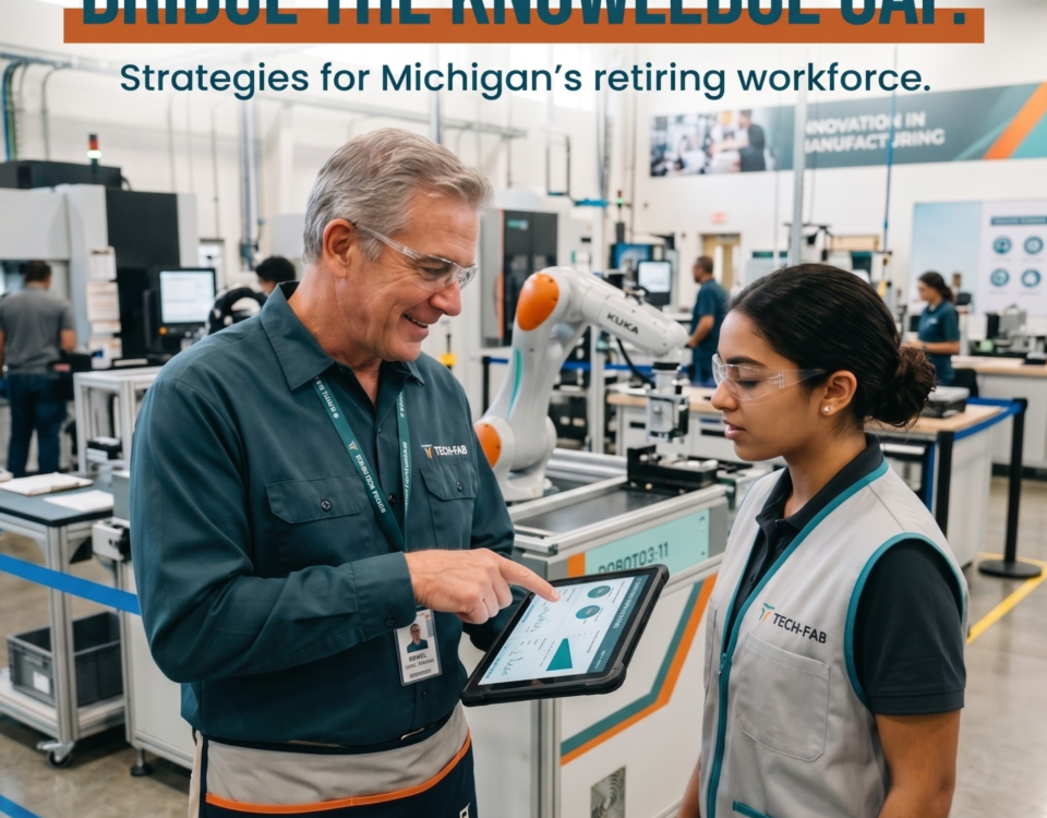 An older, experienced male worker and a younger female worker in safety gear stand in a modern manufacturing facility, with the older worker pointing at data on a tablet to mentor the younger colleague. The image features the text: "BRIDGE THE KNOWLEDGE GAP. Strategies for Michigan’s retiring workforce."