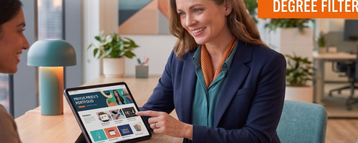 A smiling professional woman in a blazer sits at a desk, pointing to a digital portfolio on a tablet while speaking with a colleague. The image includes the text: "HIRING FOR SKILLS, NOT DEGREES," "DITCH THE DEGREE FILTER," and "TAP INTO A WIDER TALENT POOL."