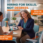 A smiling professional woman in a blazer sits at a desk, pointing to a digital portfolio on a tablet while speaking with a colleague. The image includes the text: "HIRING FOR SKILLS, NOT DEGREES," "DITCH THE DEGREE FILTER," and "TAP INTO A WIDER TALENT POOL."