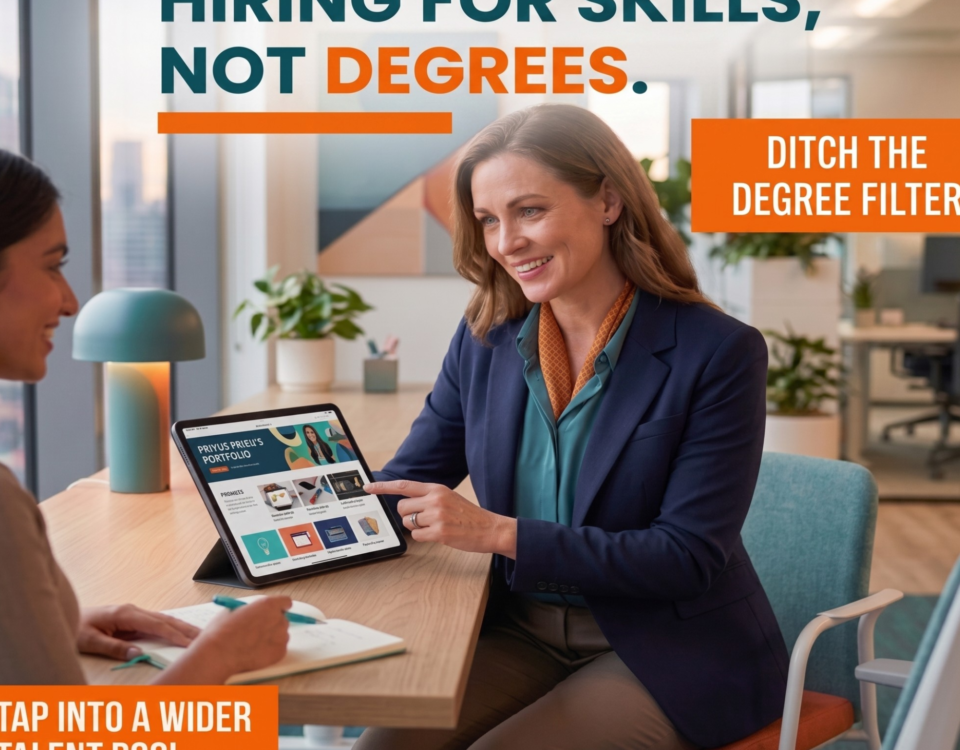 A smiling professional woman in a blazer sits at a desk, pointing to a digital portfolio on a tablet while speaking with a colleague. The image includes the text: "HIRING FOR SKILLS, NOT DEGREES," "DITCH THE DEGREE FILTER," and "TAP INTO A WIDER TALENT POOL."