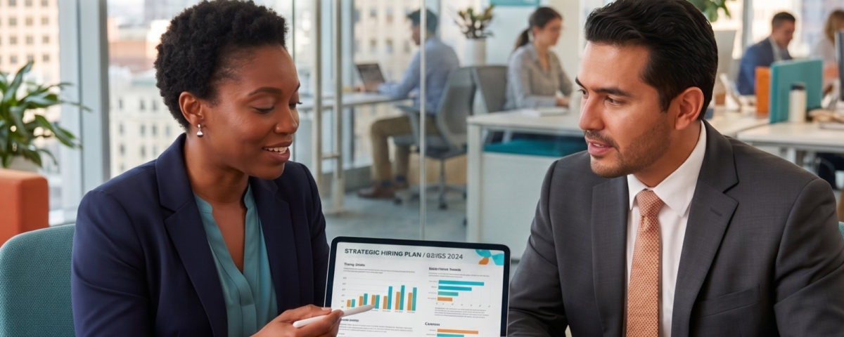 A professional woman and man in business attire sit at a wooden desk in a modern office, reviewing a "STRATEGIC HIRING PLAN" on a tablet. The image features the text: "READY TO HIRE SMART?" and "2026 stabilizes: Shift focus to Quality & Value."
