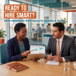 A professional woman and man in business attire sit at a wooden desk in a modern office, reviewing a "STRATEGIC HIRING PLAN" on a tablet. The image features the text: "READY TO HIRE SMART?" and "2026 stabilizes: Shift focus to Quality & Value."