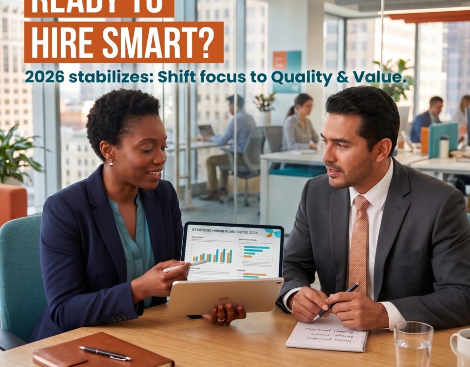 A professional woman and man in business attire sit at a wooden desk in a modern office, reviewing a "STRATEGIC HIRING PLAN" on a tablet. The image features the text: "READY TO HIRE SMART?" and "2026 stabilizes: Shift focus to Quality & Value."