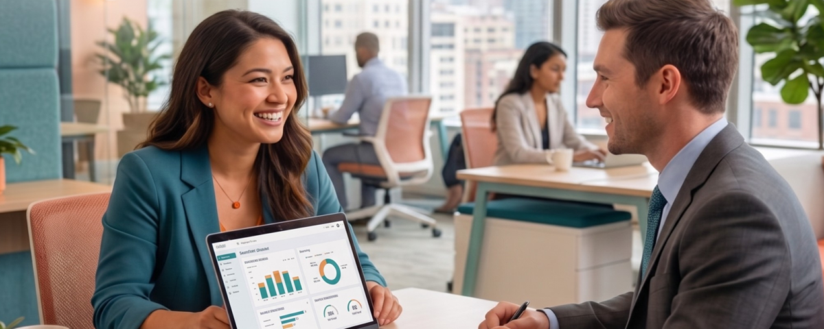 Two professionals, a woman and a man, sit across from each other at a desk in a bright office, smiling and discussing data shown on a laptop screen. The image features the text: "AI SOURCING, HUMAN VETTING," "READY TO HUMANIZE Your Recruiting Process?" and "LET’S GET STARTED."