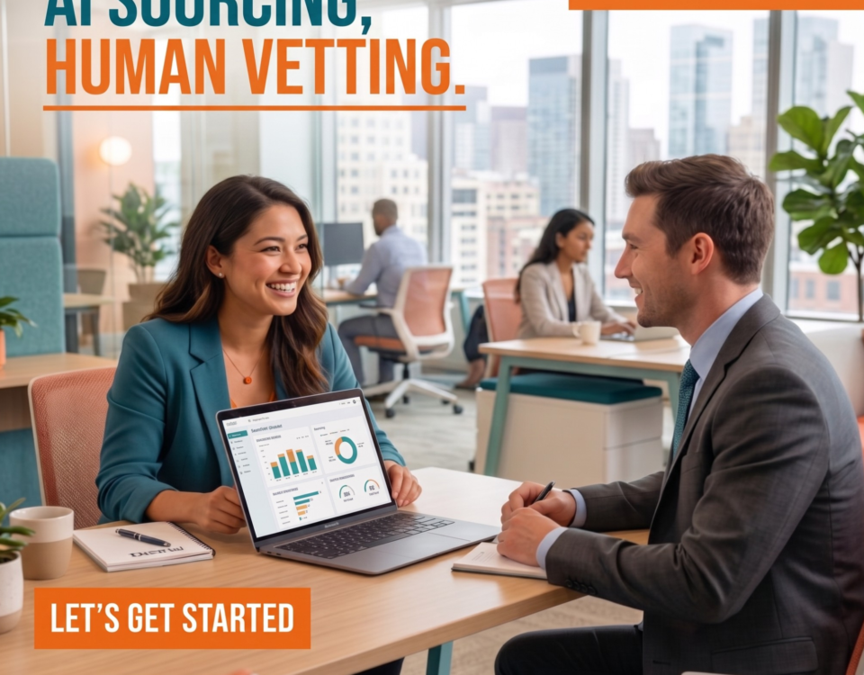 Two professionals, a woman and a man, sit across from each other at a desk in a bright office, smiling and discussing data shown on a laptop screen. The image features the text: "AI SOURCING, HUMAN VETTING," "READY TO HUMANIZE Your Recruiting Process?" and "LET’S GET STARTED."