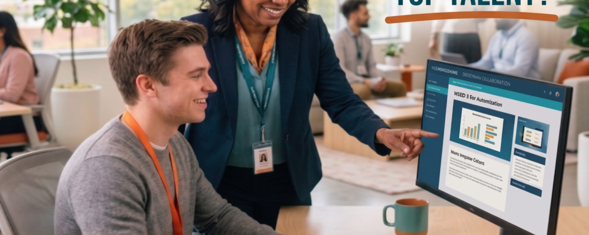 A smiling woman in professional attire stands over a male colleague's desk, pointing at a computer screen displaying data charts. The image includes the text: "THE INTERNAL UPGRADE: Upskilling Defends Against Turnover. READY TO RETAIN TOP TALENT? LET’S GET STARTED."
