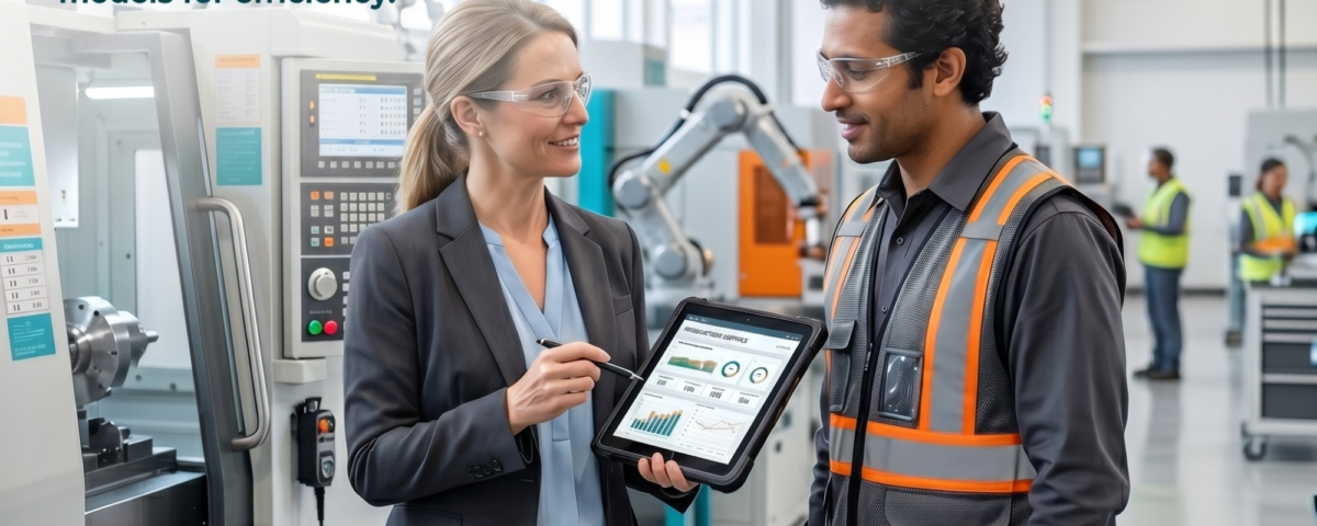 A professional woman in a blazer and a man in a safety vest and glasses stand in a high-tech manufacturing facility, reviewing data on a tablet. The image includes the text: "THE REBALANCING ACT: MANUFACTURING’S NEW NORMAL," "Navigate labor needs & shift to agile staffing models for efficiency," and "READY TO OPTIMIZE? LET’S GET STARTED."