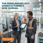 A professional woman in a blazer and a man in a safety vest and glasses stand in a high-tech manufacturing facility, reviewing data on a tablet. The image includes the text: "THE REBALANCING ACT: MANUFACTURING’S NEW NORMAL," "Navigate labor needs & shift to agile staffing models for efficiency," and "READY TO OPTIMIZE? LET’S GET STARTED."