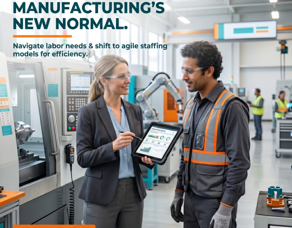 A professional woman in a blazer and a man in a safety vest and glasses stand in a high-tech manufacturing facility, reviewing data on a tablet. The image includes the text: "THE REBALANCING ACT: MANUFACTURING’S NEW NORMAL," "Navigate labor needs & shift to agile staffing models for efficiency," and "READY TO OPTIMIZE? LET’S GET STARTED."