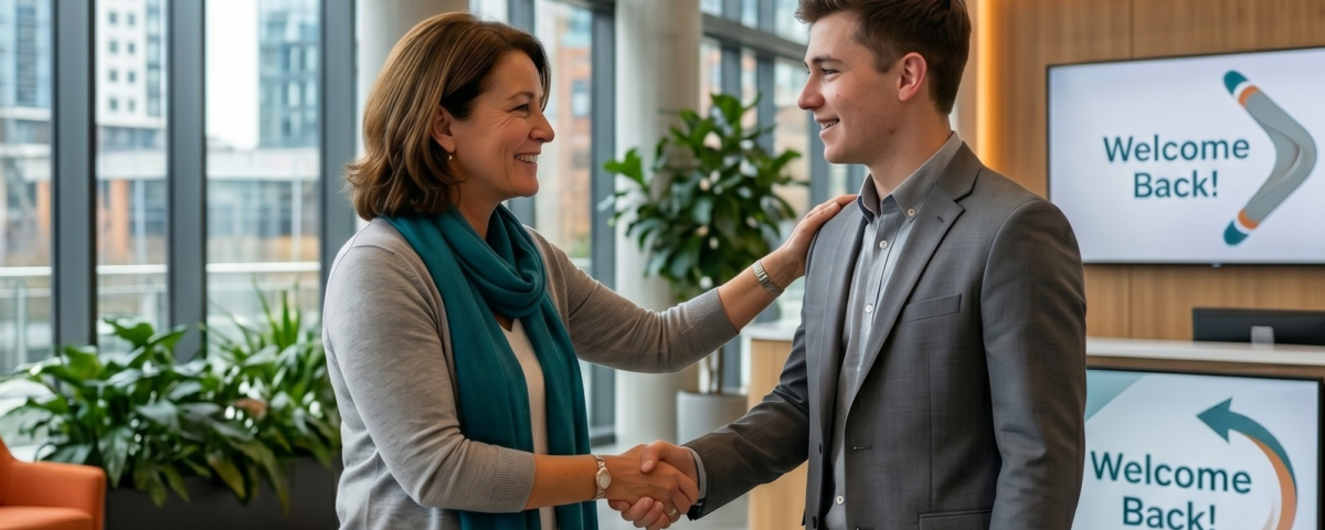 A professional woman shakes hands with a man in a grey suit in a modern corporate lobby. The image features the text: "THE RETURN OF THE BOOMERANG EMPLOYEE: WHY REHIRING FORMER STAFF IS A SMART HIRE", "READY TO REWELCOME TOP TALENT?", and "CONTACT US."