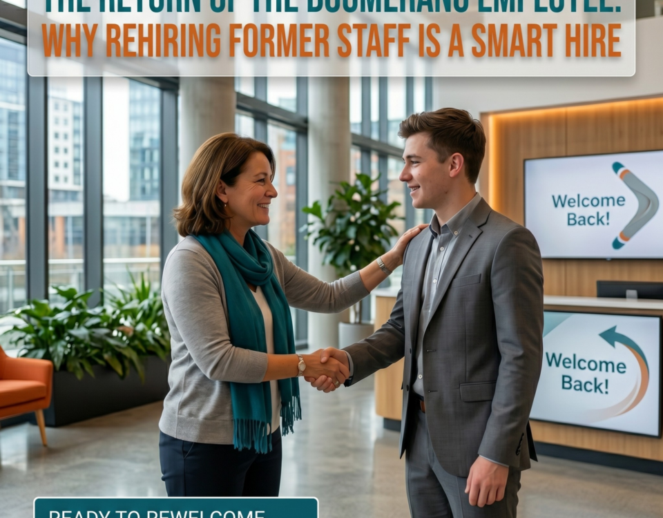 A professional woman shakes hands with a man in a grey suit in a modern corporate lobby. The image features the text: "THE RETURN OF THE BOOMERANG EMPLOYEE: WHY REHIRING FORMER STAFF IS A SMART HIRE", "READY TO REWELCOME TOP TALENT?", and "CONTACT US."
