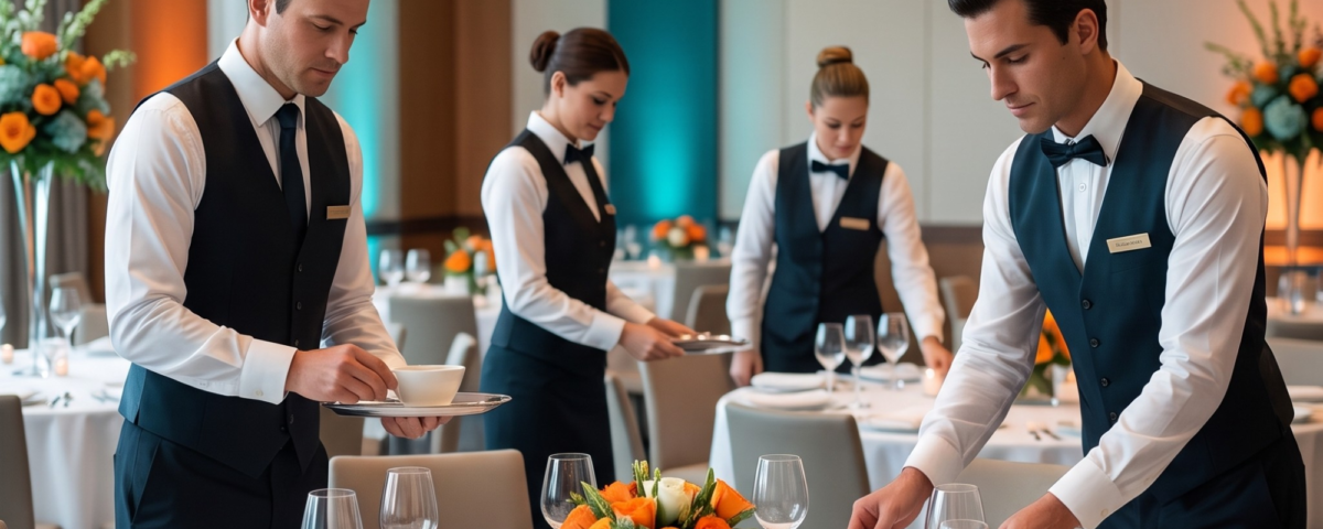 Four hospitality staff in black vests and white shirts setting tables in a large, elegant event space.