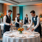 Four hospitality staff in black vests and white shirts setting tables in a large, elegant event space.