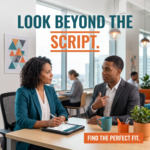 Two professionals in an office, one taking notes on a tablet, the other speaking. Text: "LOOK BEYOND THE SCRIPT. FIND THE PERFECT FIT."