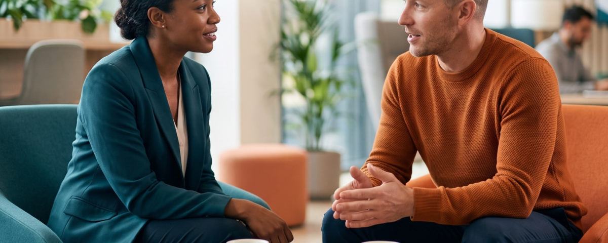 Two professionals, a Black woman and a white man, conversing in a modern office lounge with coffee mugs and a laptop.