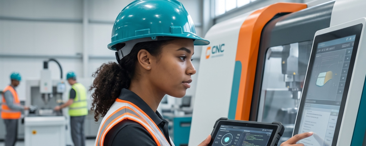 Woman in hard hat and safety vest operating CNC machine with tablet, text: "Rebranding Blue-Collar: High-Tech & Lucrative"