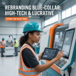 Woman in hard hat and safety vest operating CNC machine with tablet, text: "Rebranding Blue-Collar: High-Tech & Lucrative"