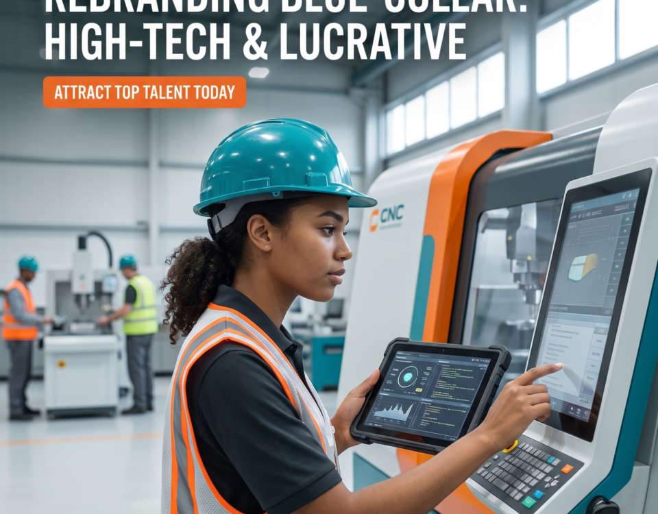Woman in hard hat and safety vest operating CNC machine with tablet, text: "Rebranding Blue-Collar: High-Tech & Lucrative"
