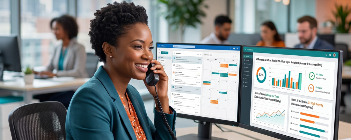 Smiling woman on phone at desk with two monitors displaying AI-powered dashboards in a modern office.