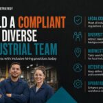 Diverse industrial workers collaborating on warehouse floor