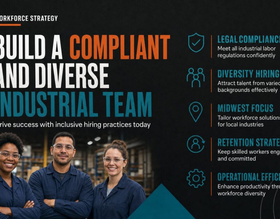 Diverse industrial workers collaborating on warehouse floor
