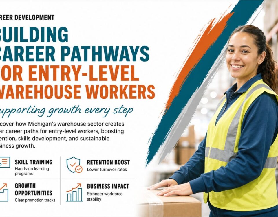 Michigan warehouse worker receiving training on inventory management system