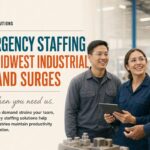 Midwest industrial workers operating machinery during a busy production surge