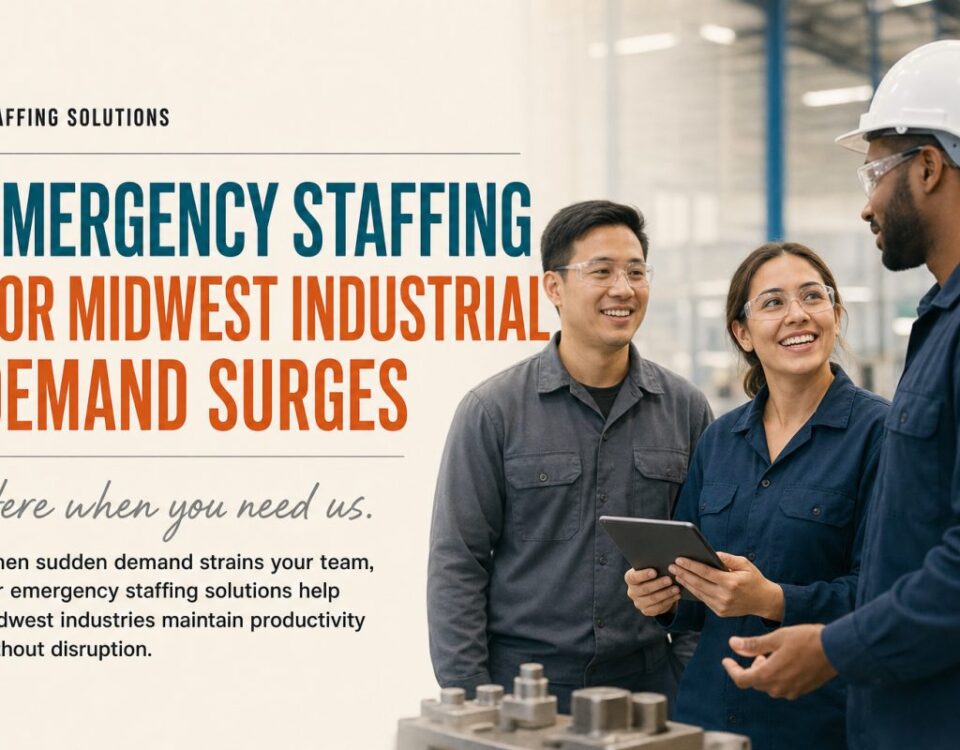 Midwest industrial workers operating machinery during a busy production surge