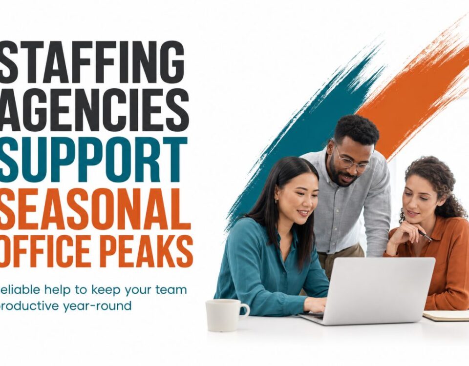 Professional office team collaborating during busy seasonal period