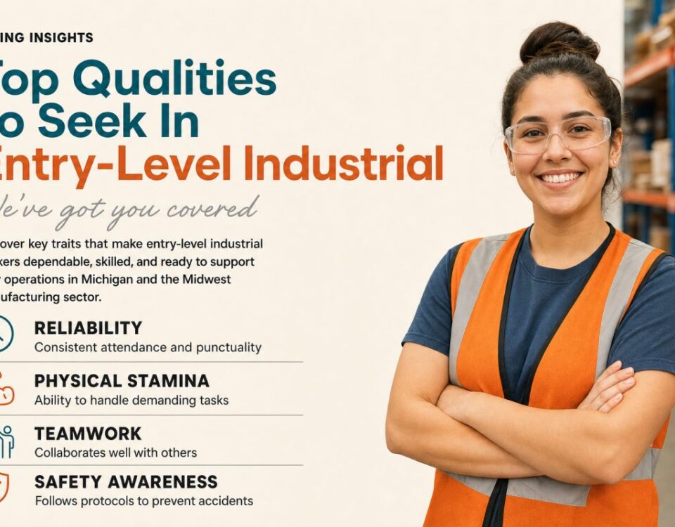 Entry-level industrial worker carefully assembling parts on a manufacturing line